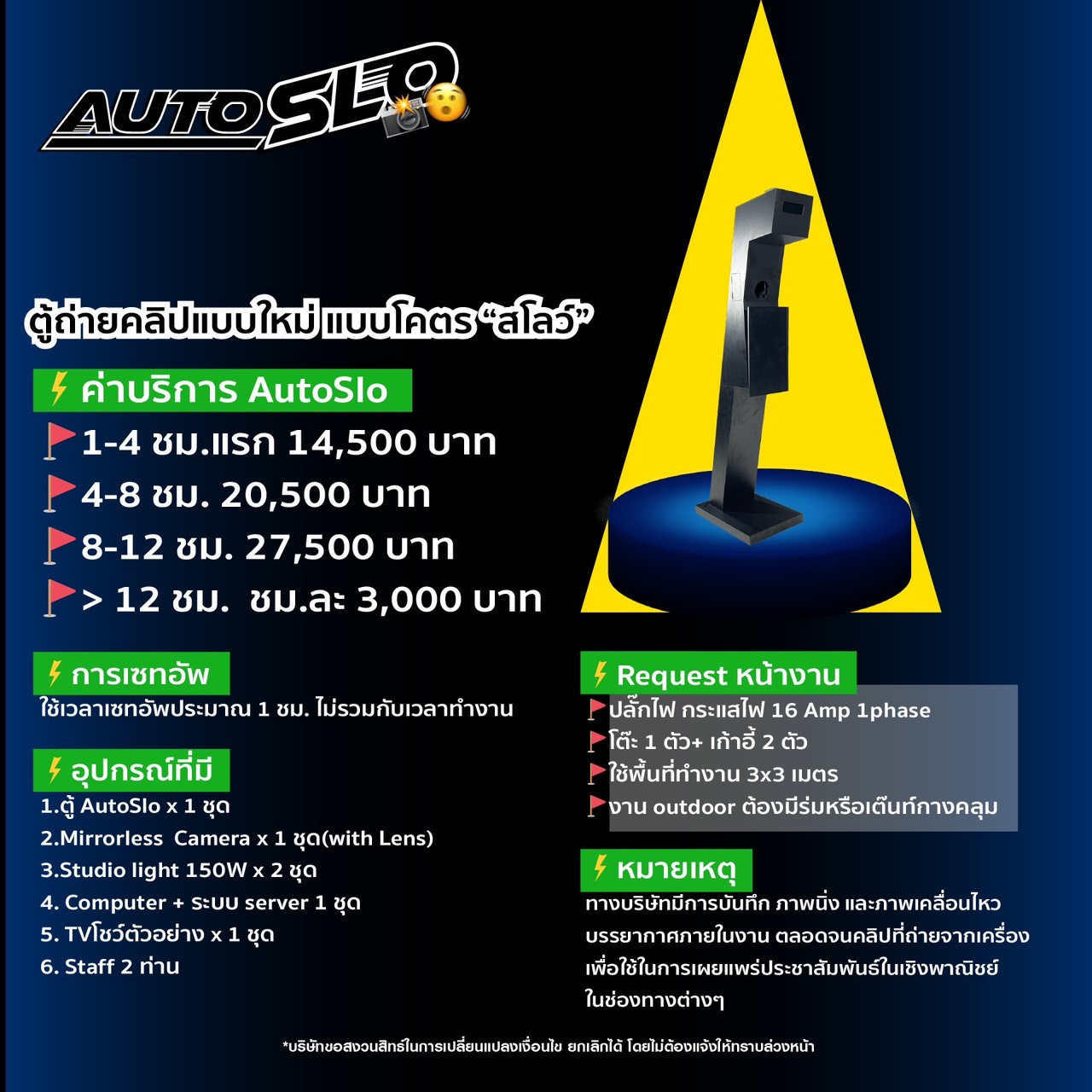 AutoSlo Slo-Mo Booth official spec sheet with pricing, footprint, power and setup requirements