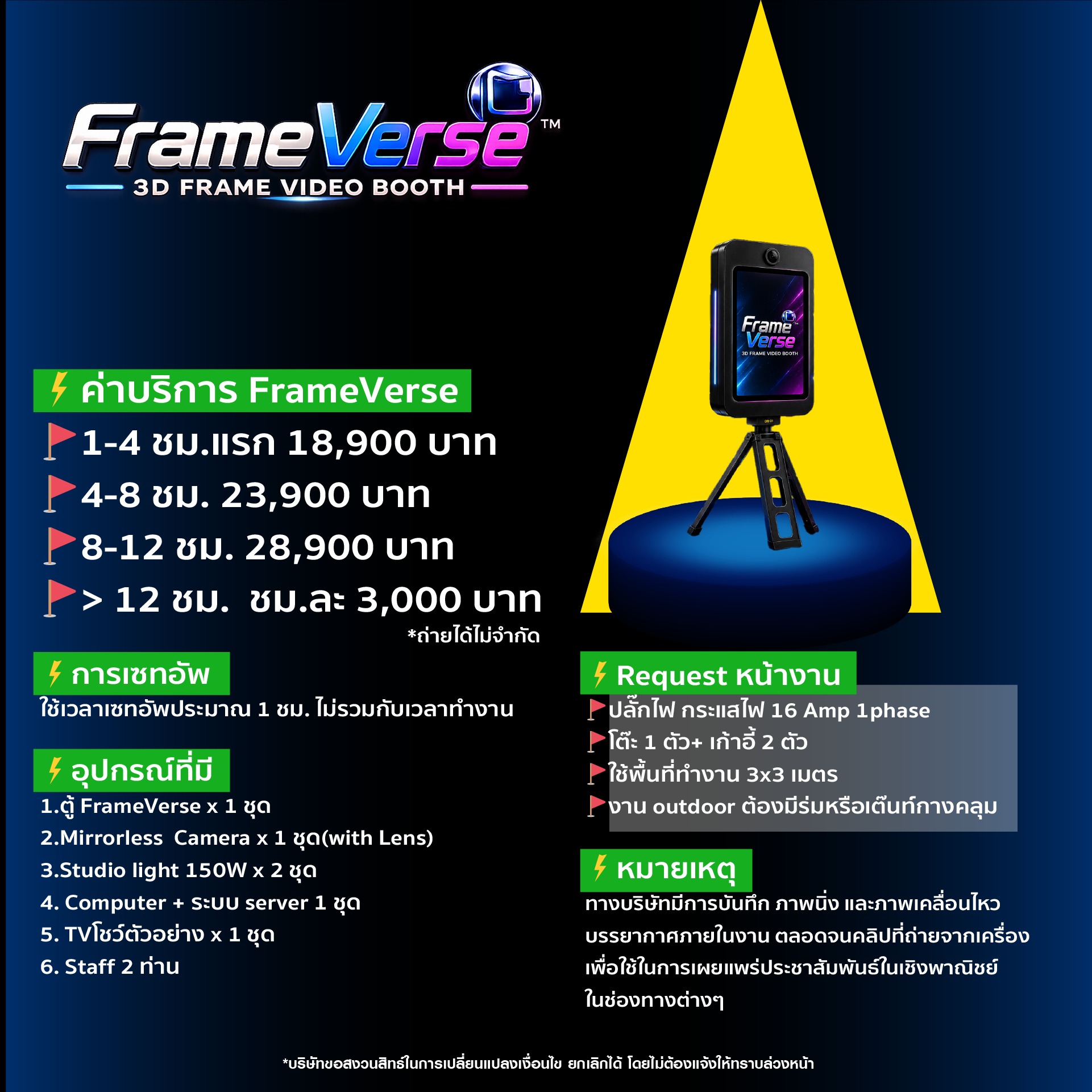 FrameVerse VDO Booth official spec sheet with pricing, footprint, power and setup requirements