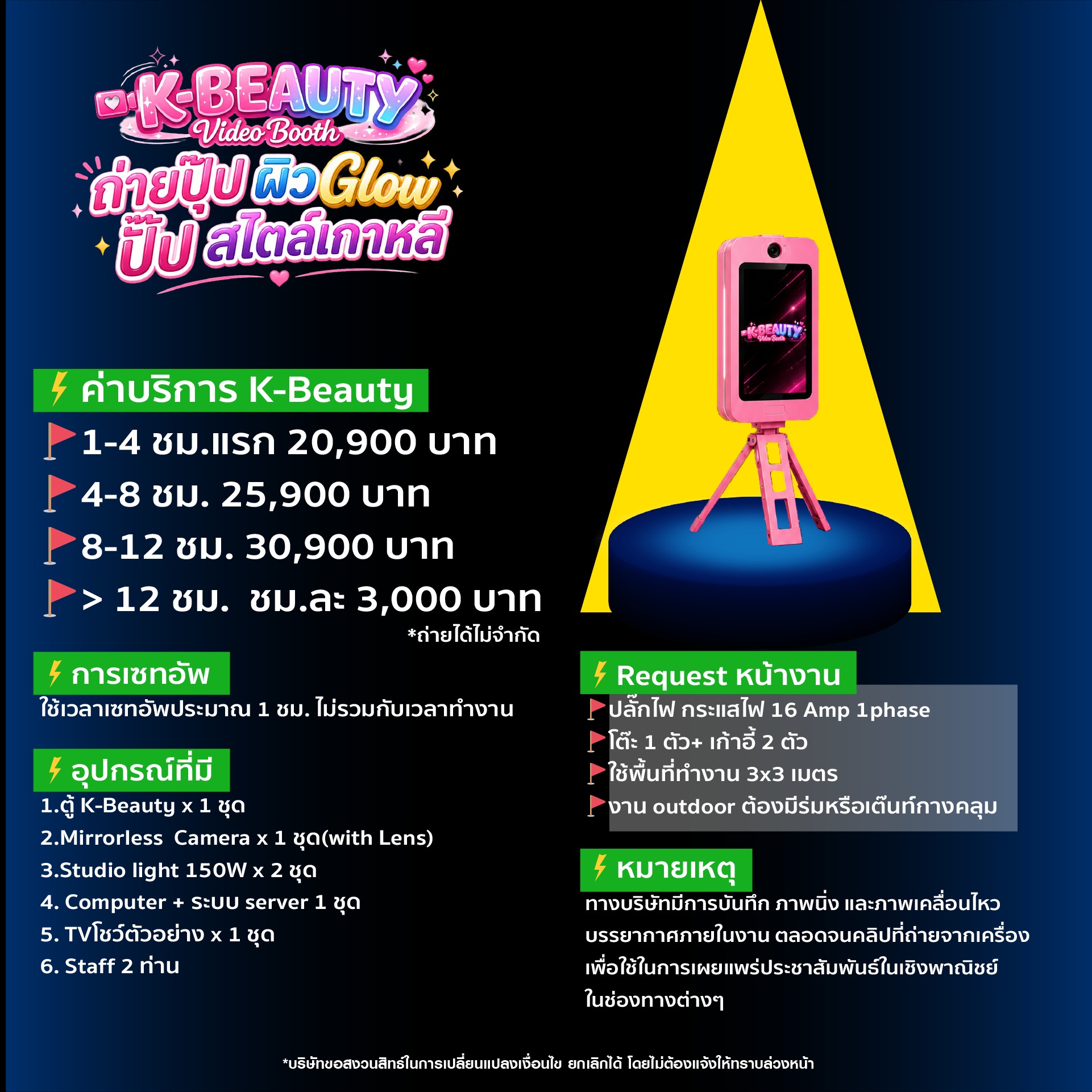 K-Beauty VDO Booth official spec sheet with pricing, footprint, power and setup requirements