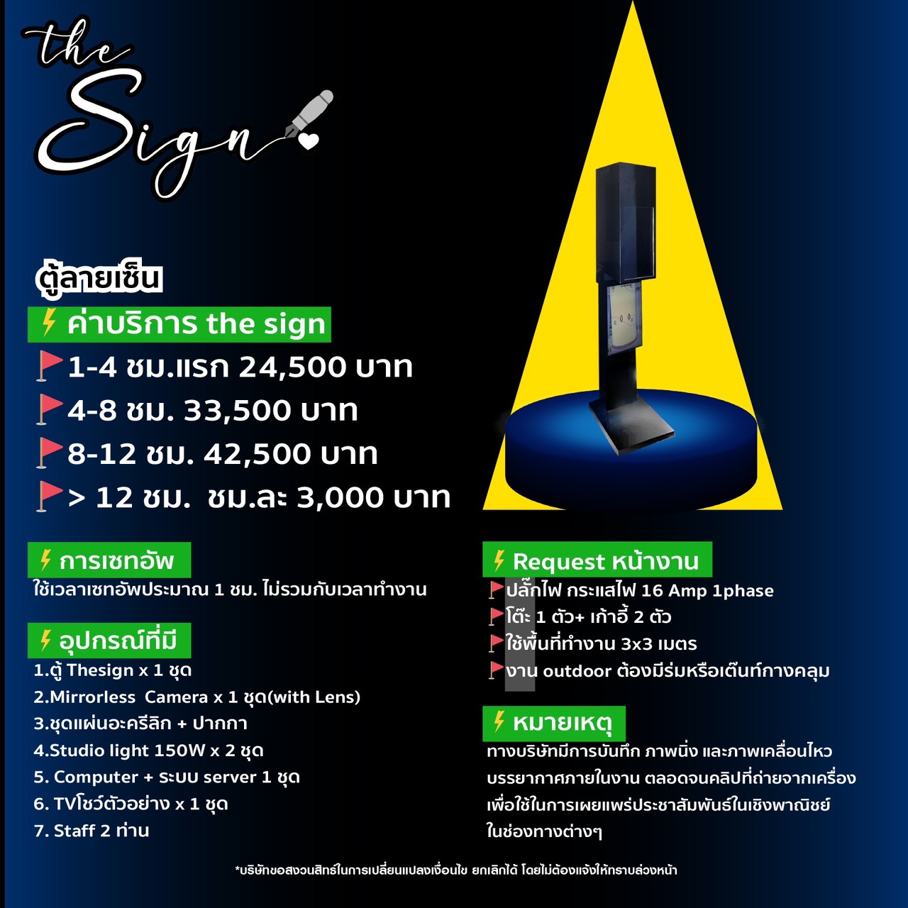 The Sign Signature Booth official spec sheet with pricing, footprint, power and setup requirements